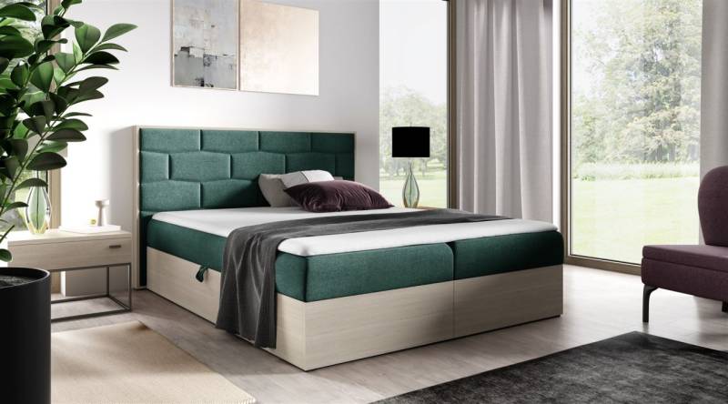 Boxspringbett Bett BEILA 160x200cm Nordic Teak Stoff Grün inkl. Bettkasten von Fun Moebel