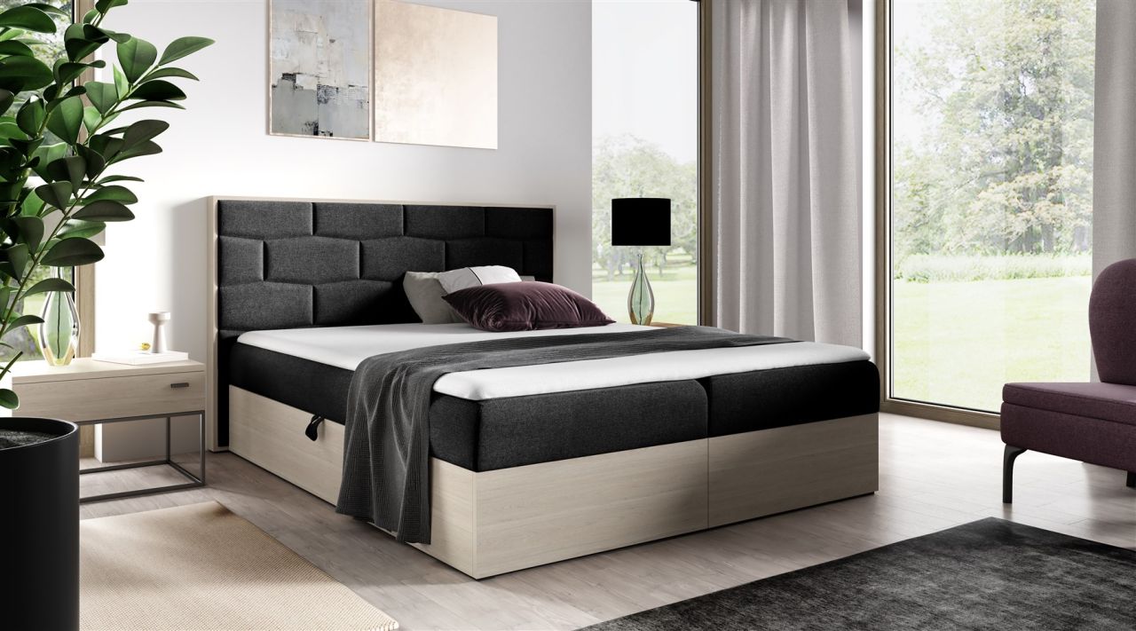 Boxspringbett Bett BEILA 200x200cm Nordic Teak Stoff Schwarz inkl. Bettkasten von Fun Moebel