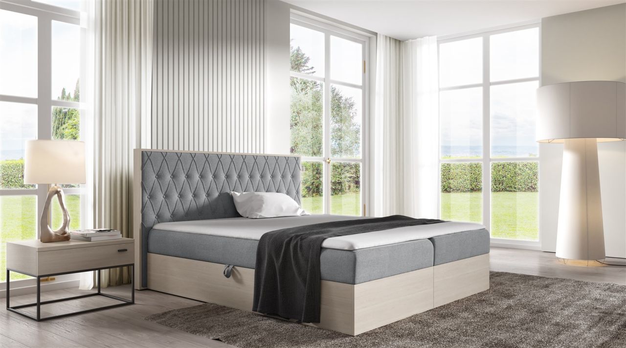 Boxspringbett Bett BROMIA 120x200cm Nordic Teak Stoff Grau inkl. Bettkasten von Fun Moebel