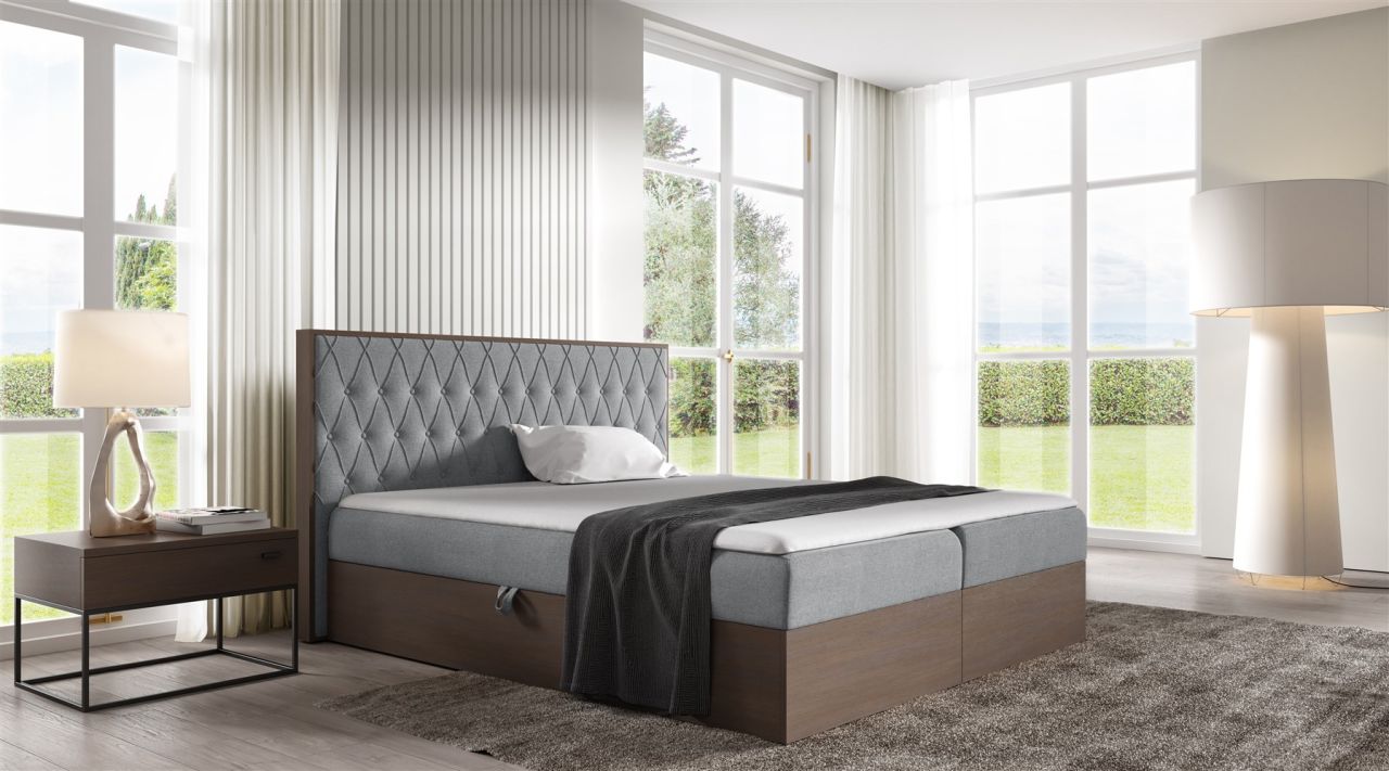 Boxspringbett Bett BROMIA 160x200cm Dunkel Eiche Stoff Grau inkl. Bettkasten von Fun Moebel