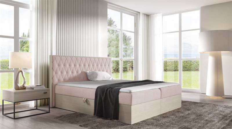 Boxspringbett Bett BROMIA 160x200cm Nordic Teak Stoff Altrosa inkl. Bettkasten von Fun Moebel