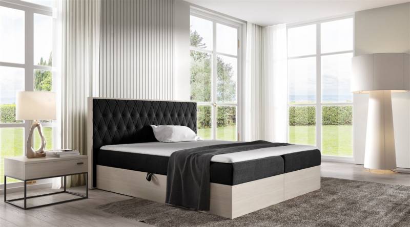 Boxspringbett Bett BROMIA 180x200cm Nordic Teak Stoff Schwarz inkl. Bettkasten von Fun Moebel