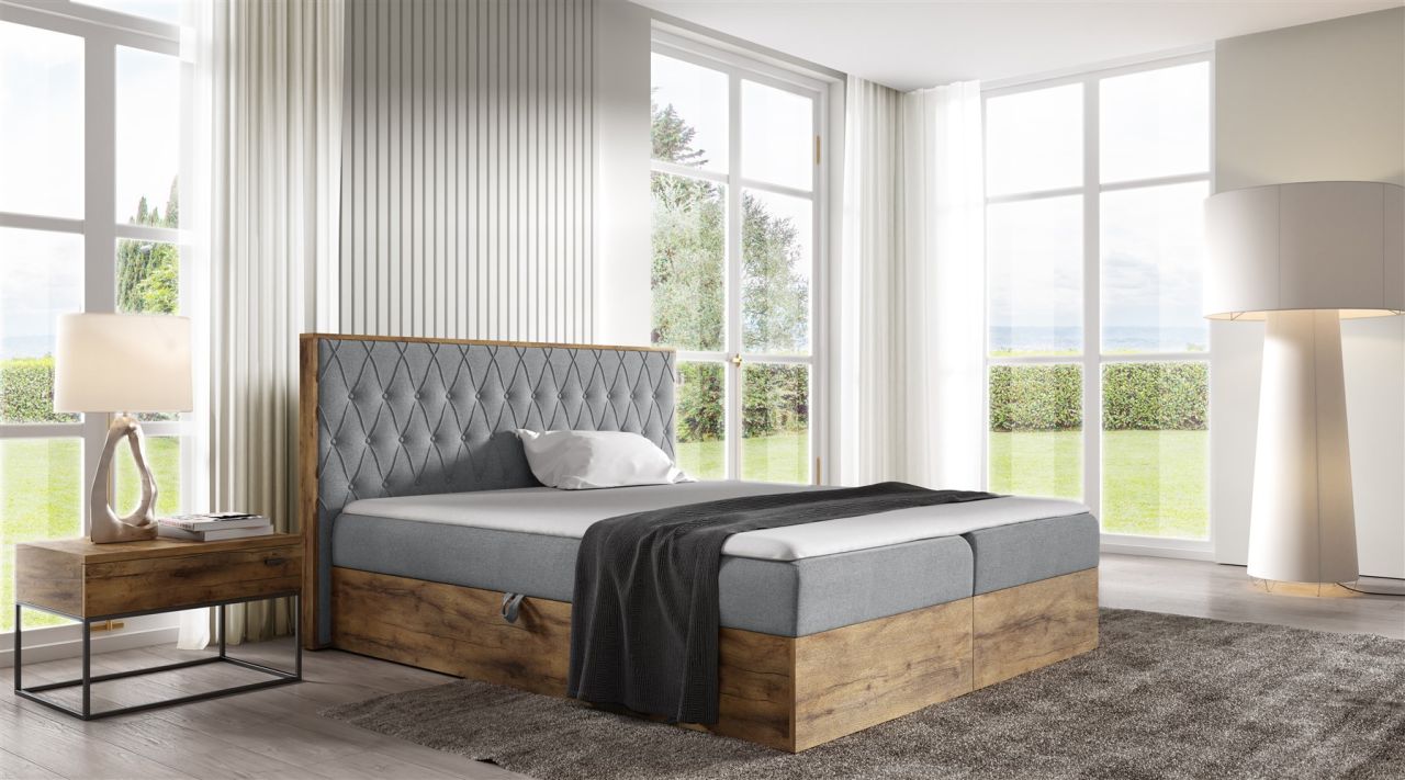 Boxspringbett Bett BROMIA 200x200cm Lancelot Eiche Stoff Grau inkl. Bettkasten von Fun Moebel