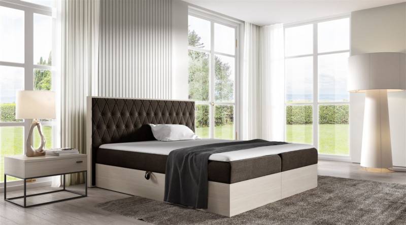 Boxspringbett Bett BROMIA 200x200cm Nordic Teak Stoff Braun inkl. Bettkasten von Fun Moebel