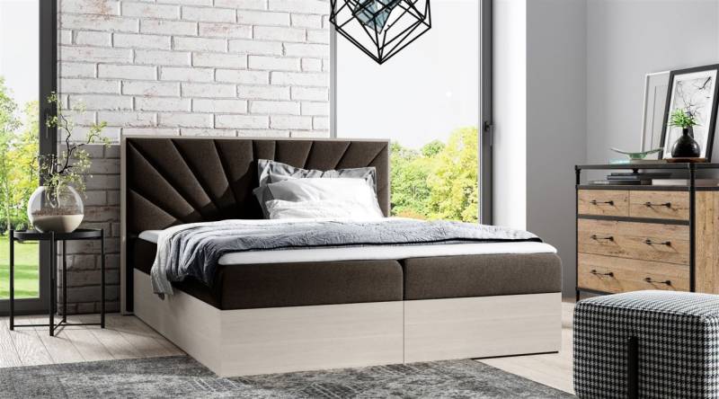 Boxspringbett Bett DAIMON 120x200cm Nordic Teak Stoff Braun inkl. Bettkasten von Fun Moebel