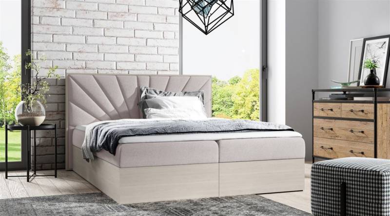 Boxspringbett Bett DAIMON 120x200cm Nordic Teak Stoff Hellbeige inkl. Bettkasten von Fun Moebel