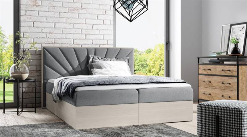 Boxspringbett Bett DAIMON 140x200cm Nordic Teak Stoff Grau inkl. Bettkasten von Fun Moebel