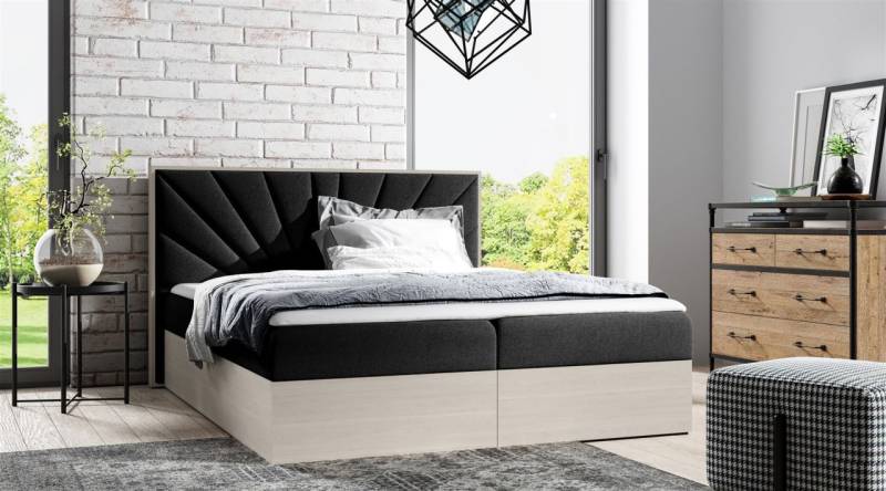 Boxspringbett Bett DAIMON 140x200cm Nordic Teak Stoff Schwarz inkl. Bettkasten von Fun Moebel