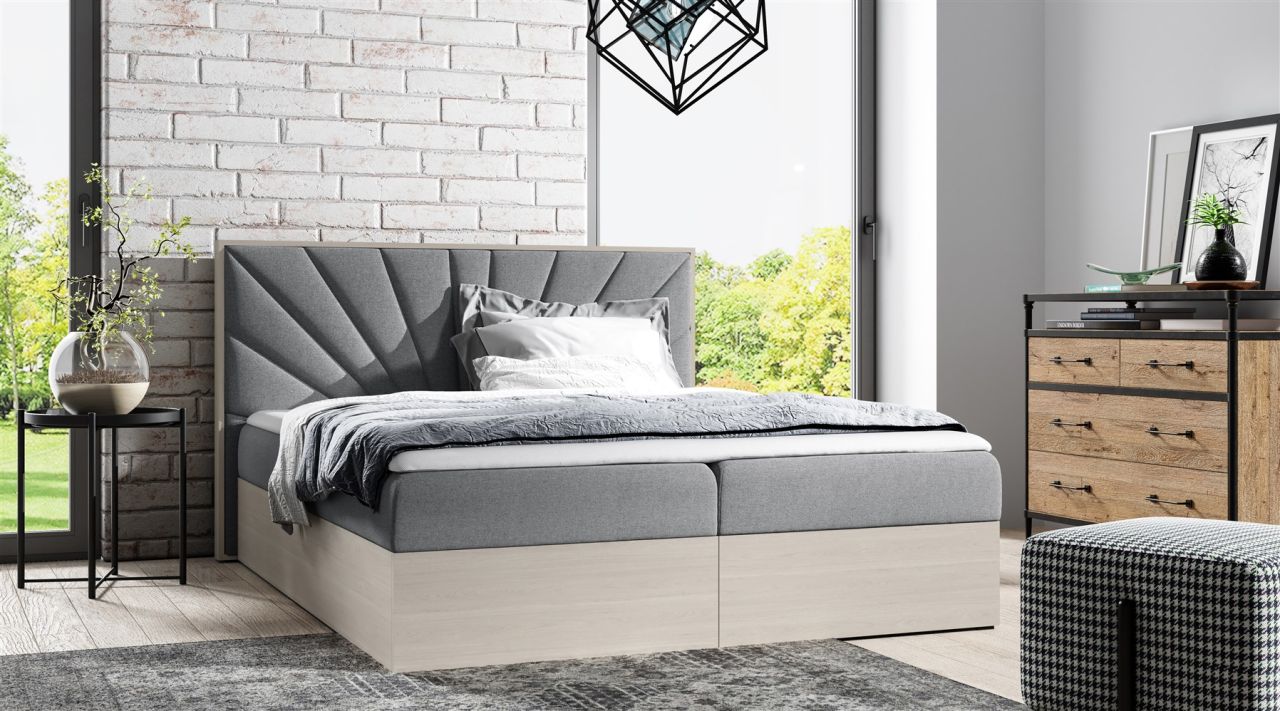 Boxspringbett Bett DAIMON 200x200cm Nordic Teak Stoff Grau inkl. Bettkasten von Fun Moebel