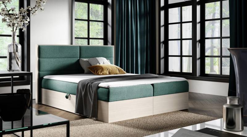 Boxspringbett Bett LAMBROS 120x200cm Nordic Teak Stoff Grün inkl. Bettkasten von Fun Moebel