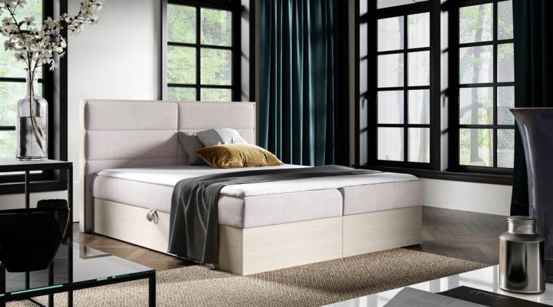 Boxspringbett Bett LAMBROS 140x200cm Nordic Teak Stoff Hellbeige inkl Bettkasten von Fun Moebel