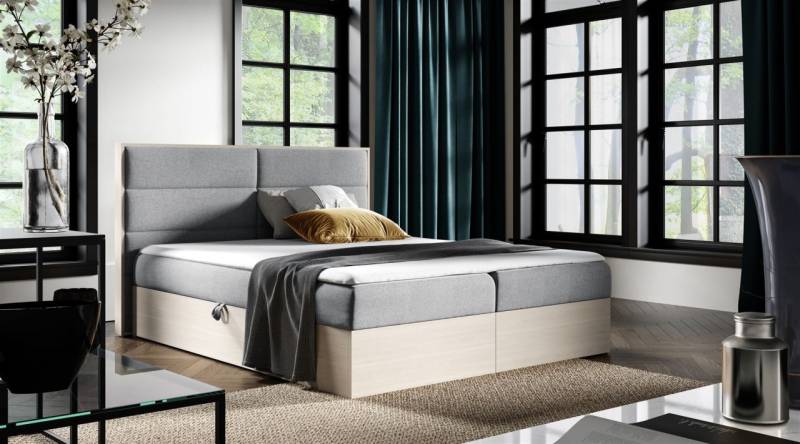 Boxspringbett Bett LAMBROS 200x200cm Nordic Teak Stoff Grau inkl. Bettkasten von Fun Moebel