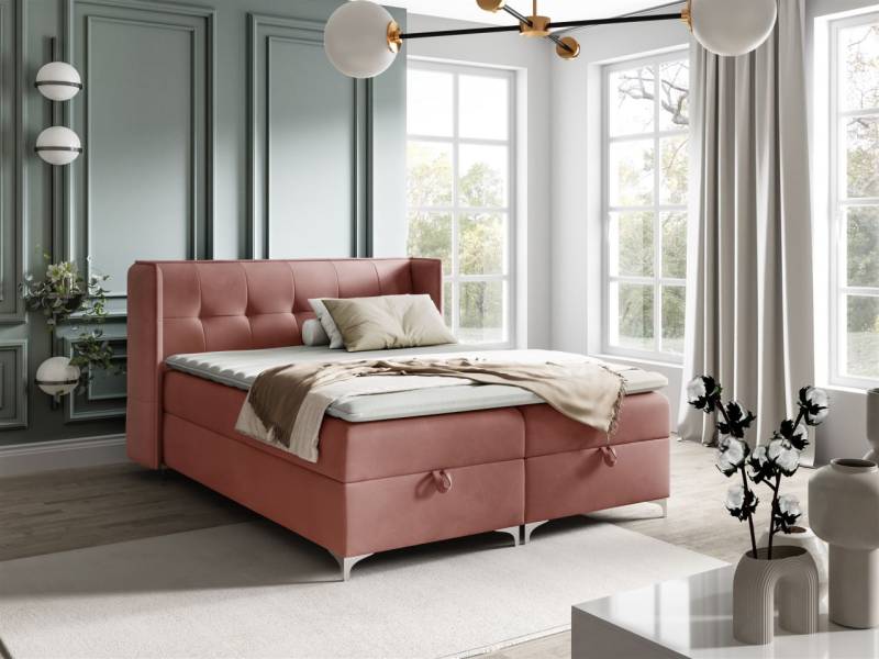Boxspringbett Bett Schlafzimmerbett 140x200cm GENET Stoff Matt Velvet Rosa von Fun Möbel