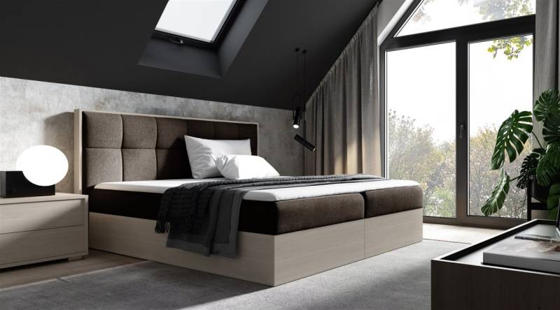 Boxspringbett Bett THANOS 180x200cm Nordic Teak Stoff Braun inkl. Bettkasten von Fun Moebel