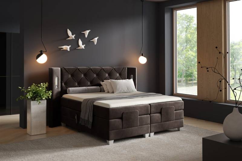 Boxspringbett Elektrisch Bett STEVE 200x200cm in Stoff Fresh Dunkelbraun von Fun Möbel