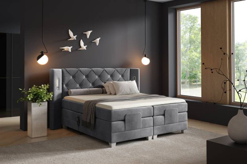 Boxspringbett Elektrisch Bett STEVE 200x200cm in Stoff Fresh Dunkelgrau von Fun Möbel