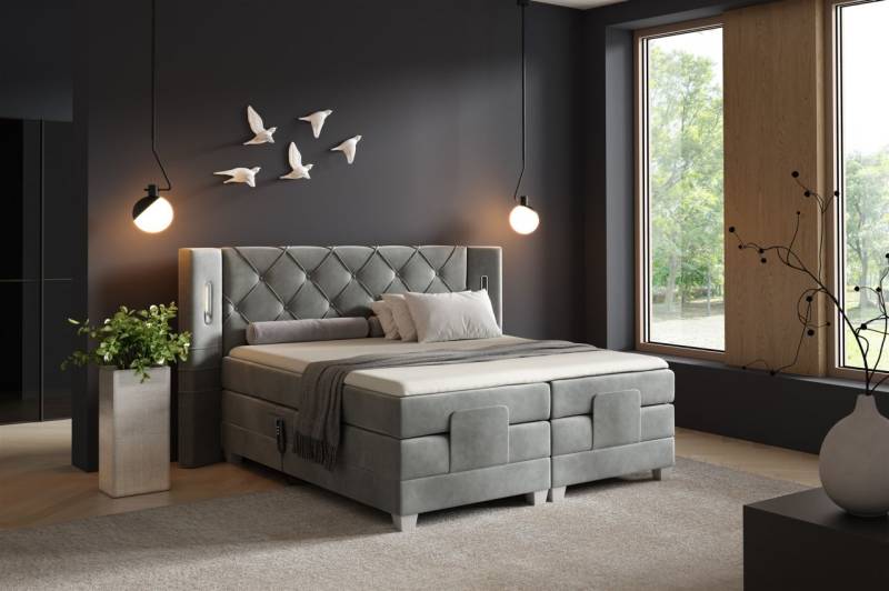 Boxspringbett Elektrisch Bett STEVE 200x200cm in Stoff Fresh Grau von Fun Möbel