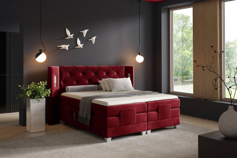 Boxspringbett Elektrisch Bett STEVE 200x200cm in Stoff Fresh Rot von Fun Möbel