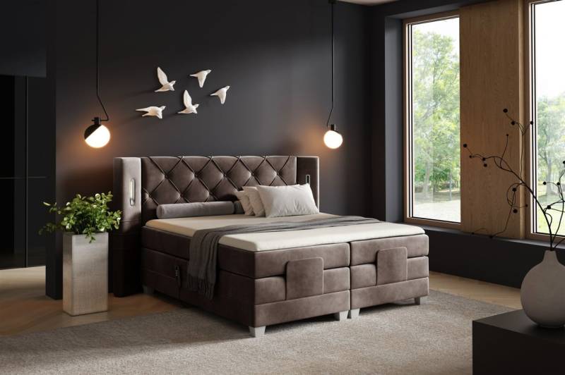 Boxspringbett Elektrisch Bett STEVE 200x200cm in Stoff Fresh Schokobraun von Fun Möbel