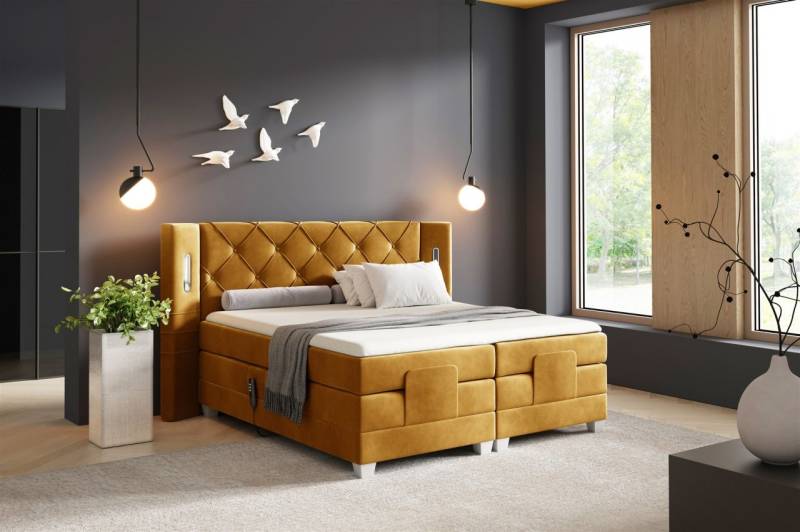 Boxspringbett Elektrisch Bett STEVE 200x200cm in Stoff Fresh Senfgelb von Fun Möbel