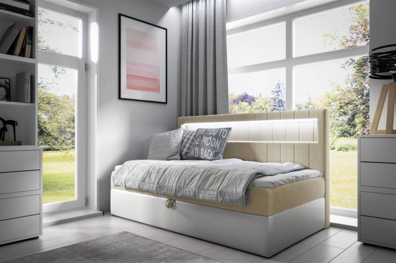 Boxspringbett Gästebett Kinderbett FABIAN Nr.2 90x200cm Weiss-Beige von Fun Möbel