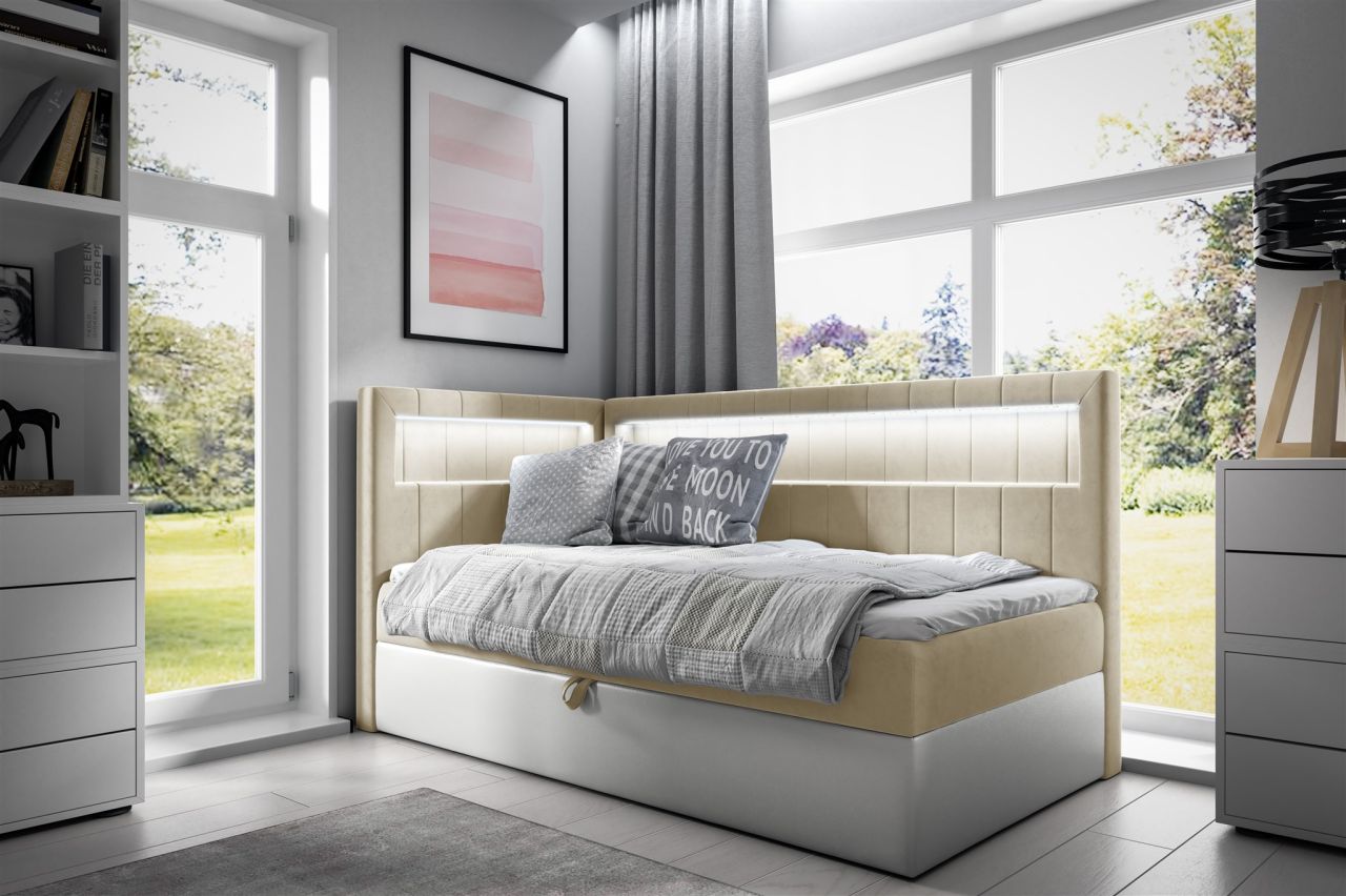 Boxspringbett Gästebett Kinderbett FABIAN Nr.3 100x200cm Weiss-Beige Seite Links von Fun Möbel