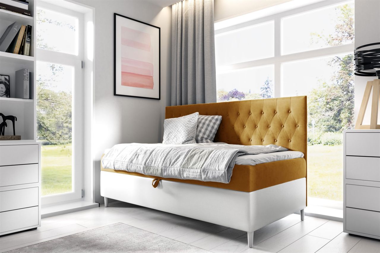 Boxspringbett Gästebett Kinderbett FINJA Nr.2 90x200cm Weiss-Gelb von Fun Möbel
