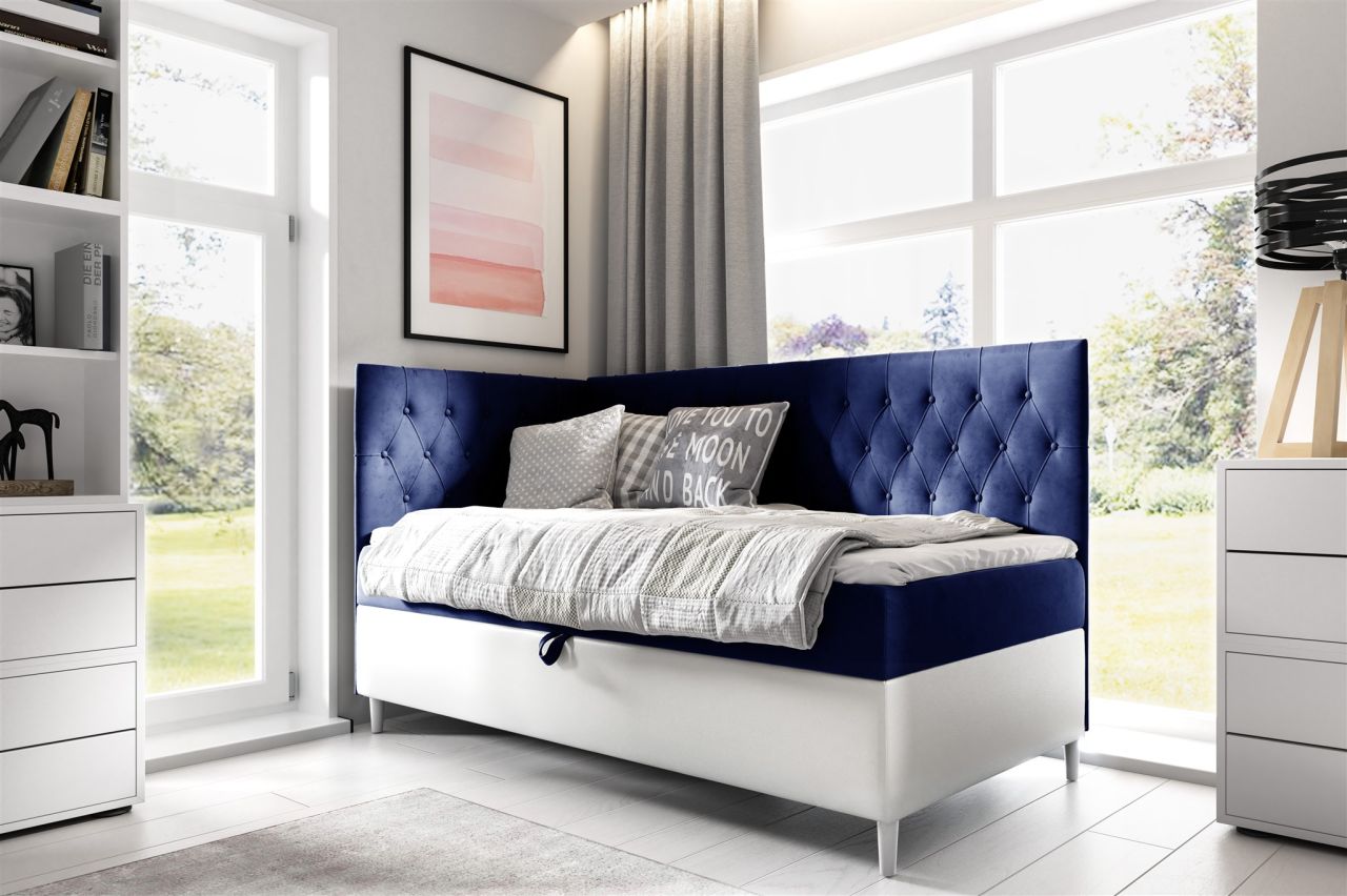 Boxspringbett Gästebett Kinderbett FINJA Nr.3 90x200cm Weiss-Blau Seite Links von Fun Möbel