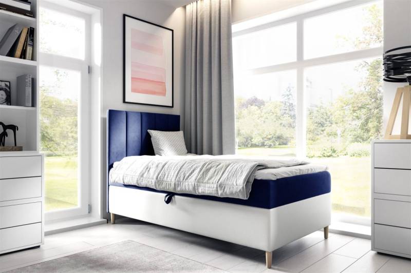 Boxspringbett Gästebett Kinderbett HELVI Nr.1 100x200cm Weiss-Blau von Fun Möbel