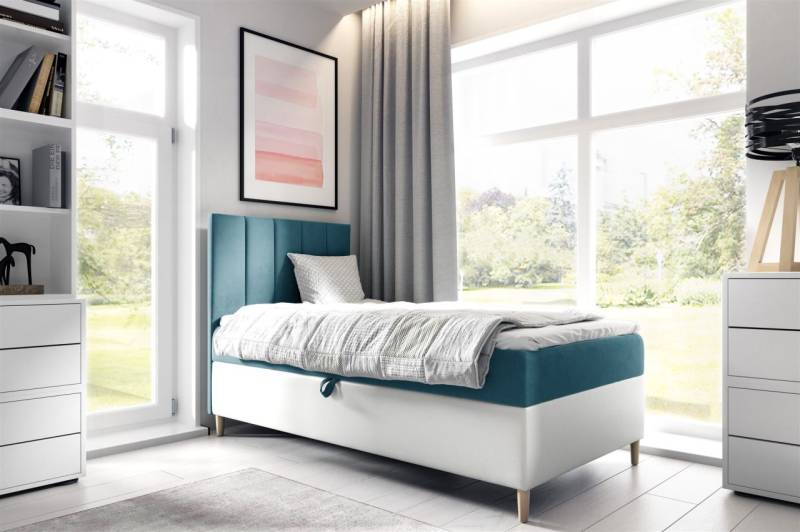 Boxspringbett Gästebett Kinderbett HELVI Nr.1 100x200cm Weiss-Türkis von Fun Möbel