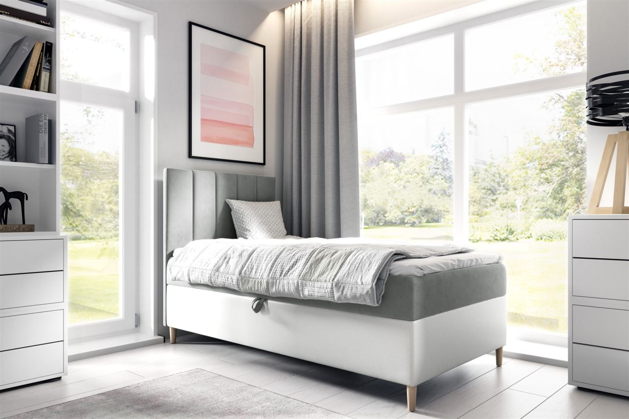 Boxspringbett Gästebett Kinderbett HELVI Nr.1 90x200cm Weiss-Grau von Fun Möbel