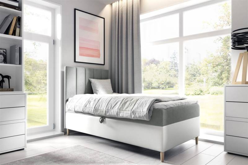 Boxspringbett Gästebett Kinderbett HELVI Nr.1 90x200cm Weiss-Grau von Fun Möbel