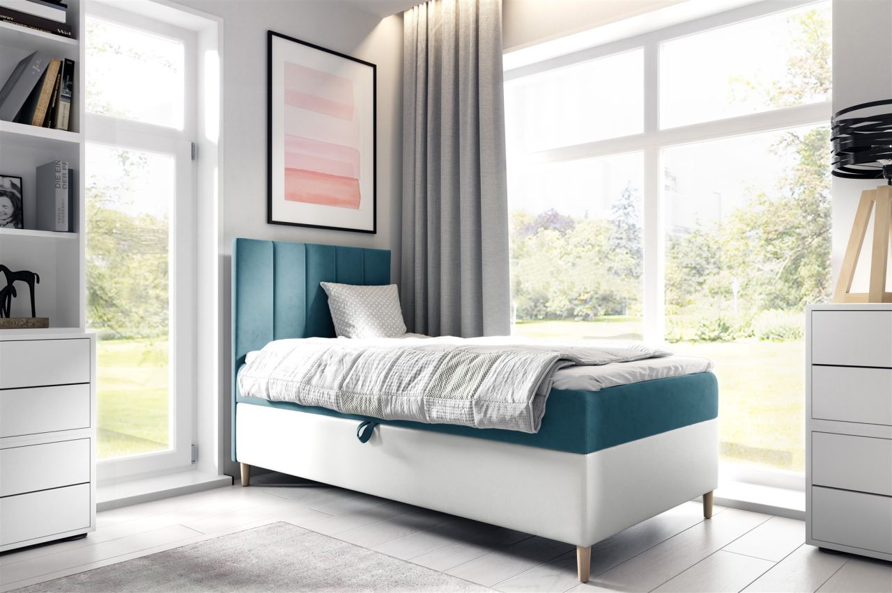 Boxspringbett Gästebett Kinderbett HELVI Nr.1 90x200cm Weiss-Türkis von Fun Möbel