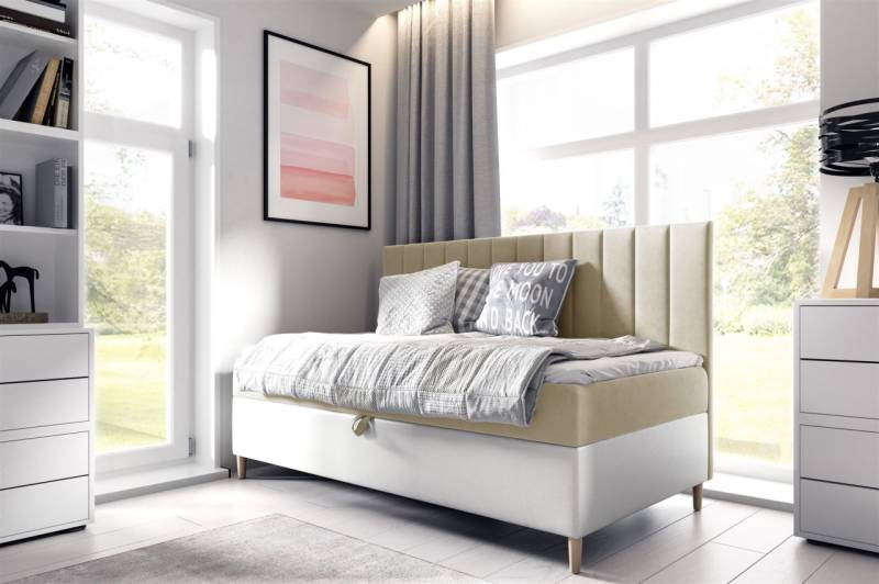 Boxspringbett Gästebett Kinderbett HELVI Nr.2 100x200cm Weiss-Beige von Fun Möbel