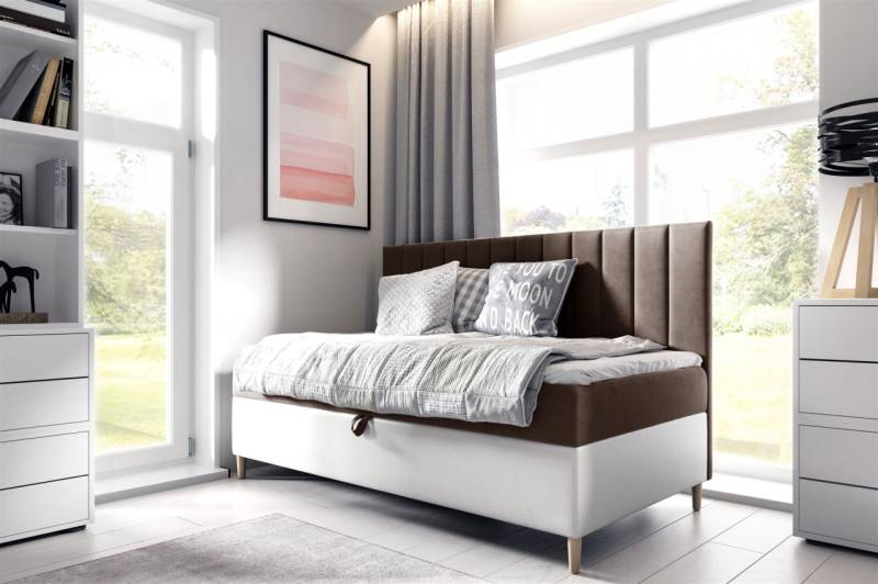 Boxspringbett Gästebett Kinderbett HELVI Nr.2 100x200cm Weiss-Braun von Fun Möbel
