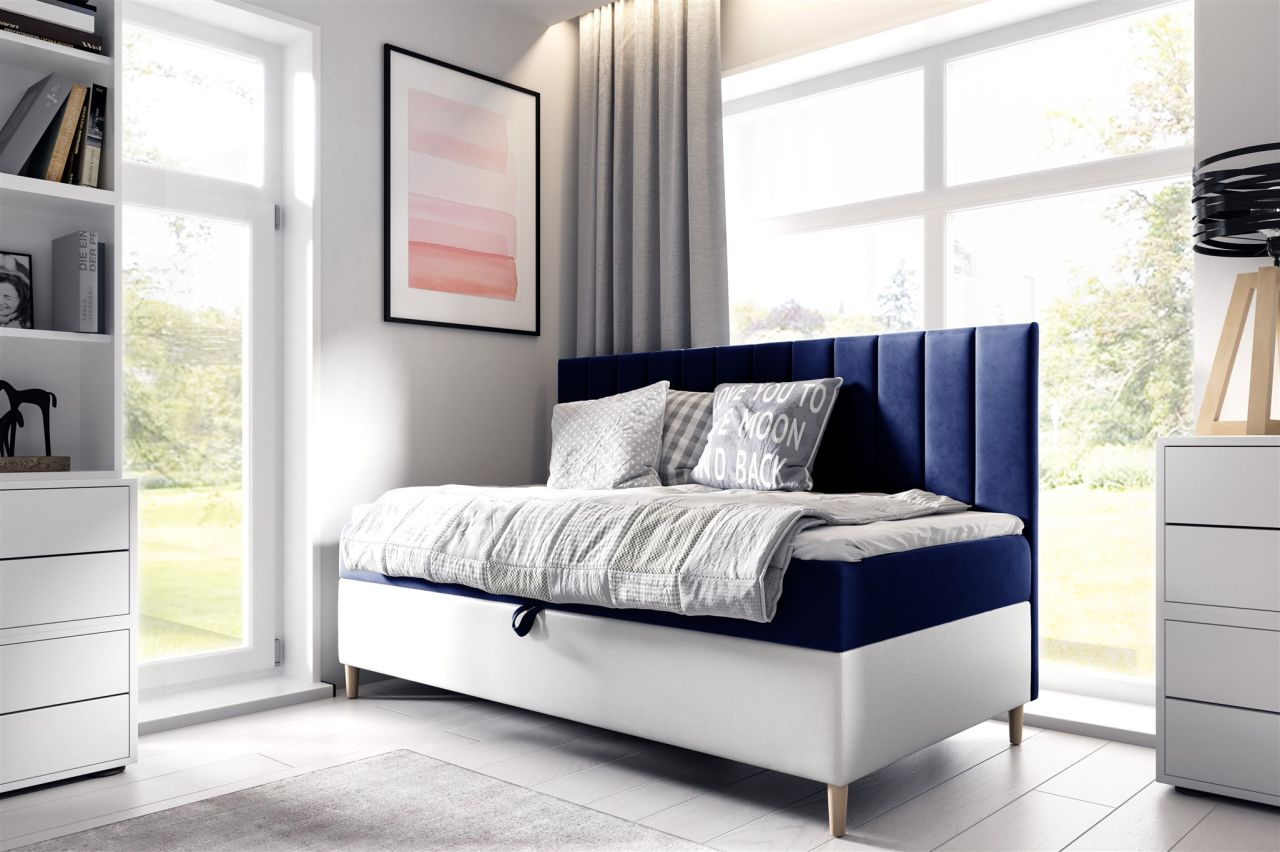 Boxspringbett Gästebett Kinderbett HELVI Nr.2 90x200cm Weiss-Blau von Fun Möbel