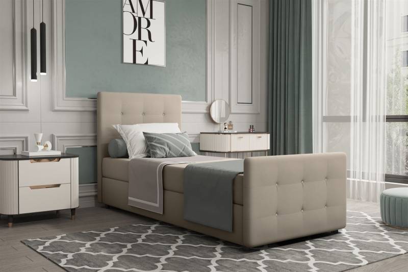Boxspringbett Gästebett MARKOS 100x220cm Bettkasten Seite Links Stoff Beige von Fun Möbel