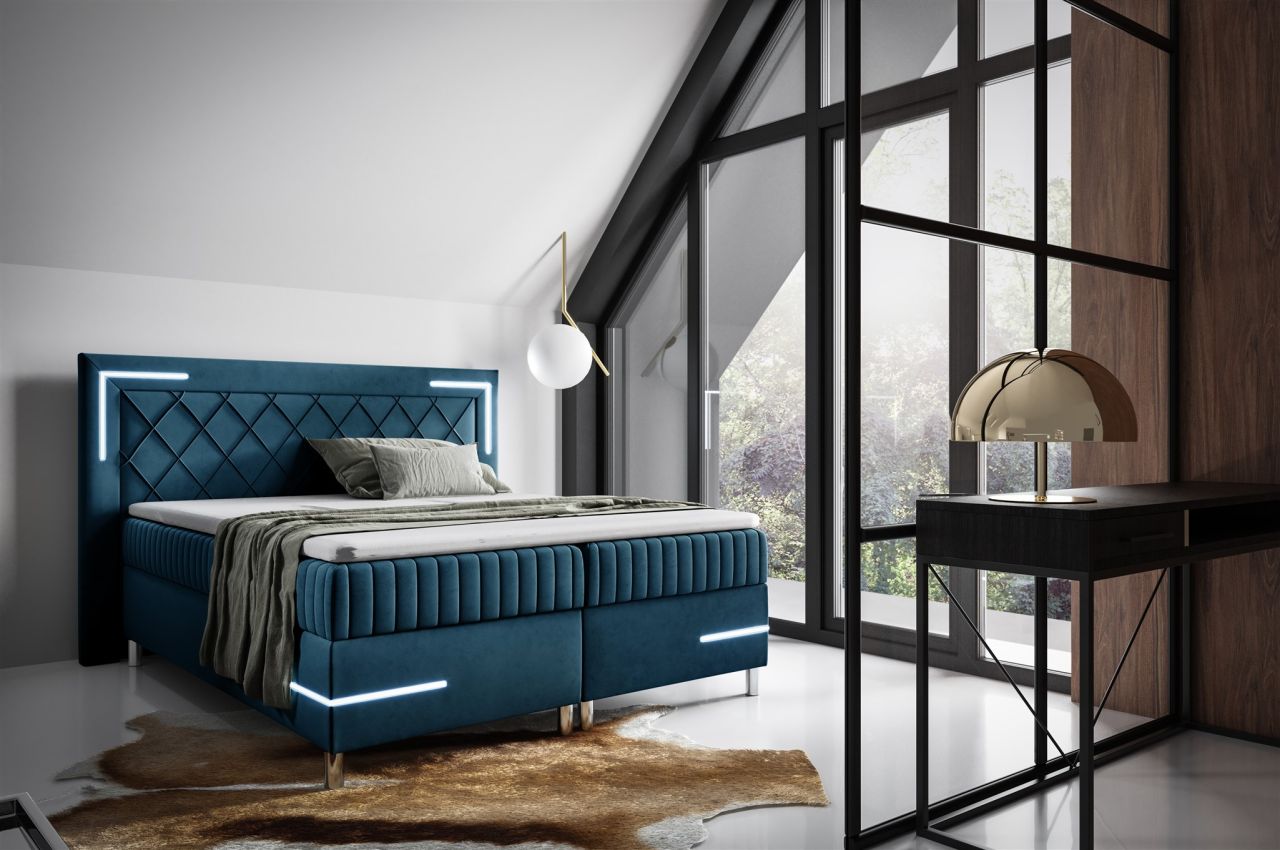 Boxspringbett Schlafzimmerbett 160x200cm AMORE Nr.3 Dunkelblau inkl. LED-Bele... von Fun Möbel
