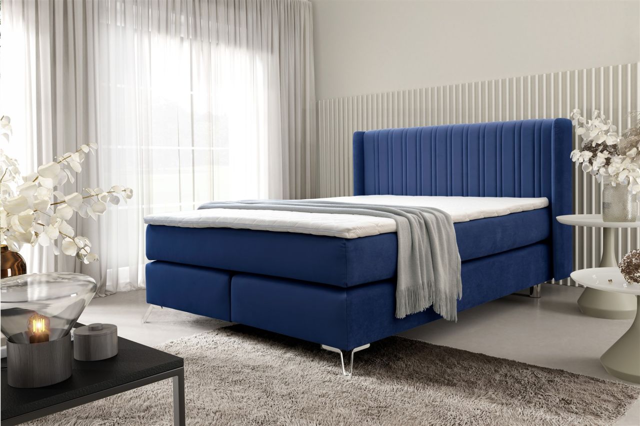 Boxspringbett Schlafzimmerbett AGNUS 140x200cm in Stoff Salvador Blau von Fun Möbel