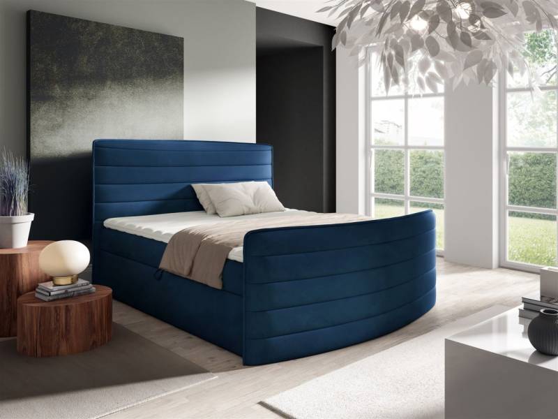 Boxspringbett Schlafzimmerbett AMBRA 180x200cm Stoff Elisa Velvet Dunkelblau von Fun Möbel
