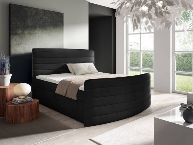 Boxspringbett Schlafzimmerbett AMBRA 180x200cm Stoff Elisa Velvet Schwarz von Fun Möbel