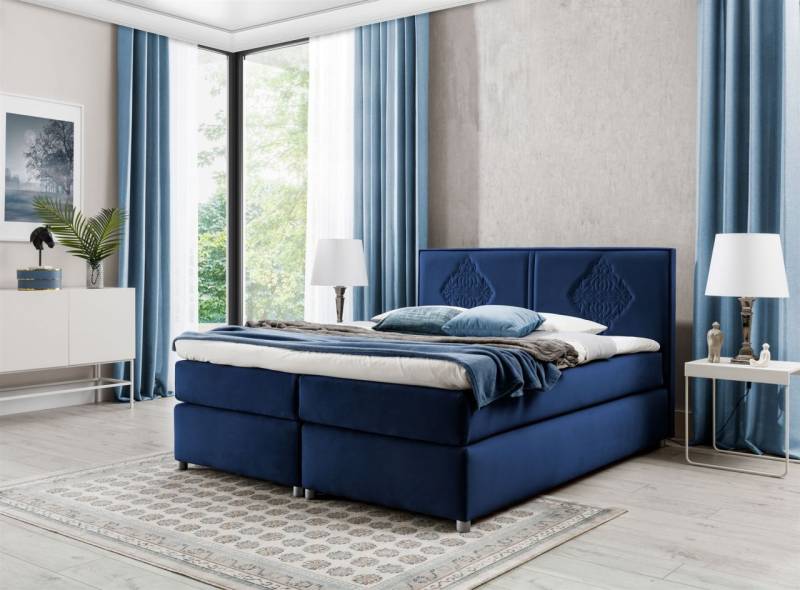 Boxspringbett Schlafzimmerbett Bett DAMIANO DELUX Stoff Dunkelblau 160x200cm von Fun-Möbel