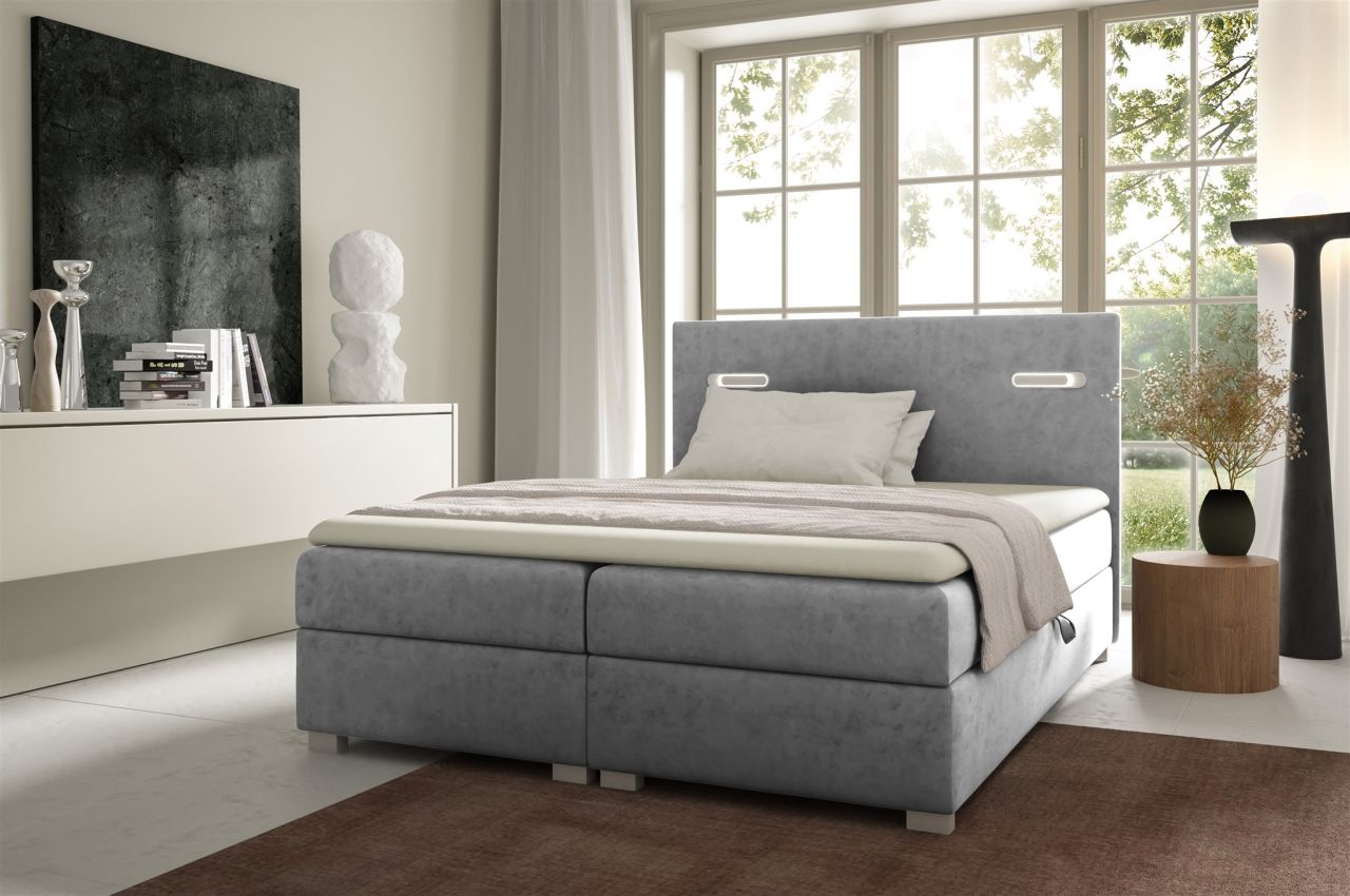 Boxspringbett Schlafzimmerbett CAPRICE 120x200cm Stoff Grau inkl. Ambiente-LED von Fun Möbel