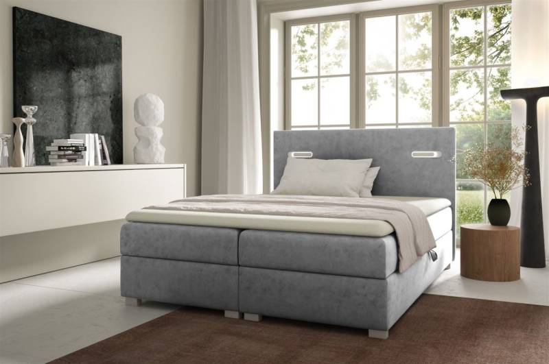 Boxspringbett Schlafzimmerbett CAPRICE 120x200cm Stoff Grau inkl. Ambiente-LED von Fun Möbel