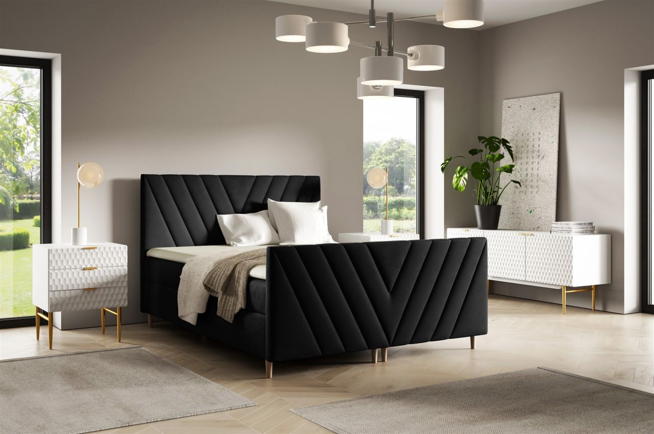 Boxspringbett Schlafzimmerbett CARLITO 140x200cm in Stoff Fresh Schwarz von Fun Möbel