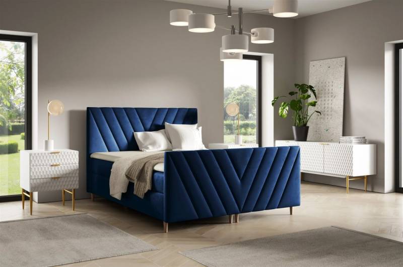 Boxspringbett Schlafzimmerbett CARLITO 160x200cm in Stoff Fresh Dunkelblau von Fun Möbel