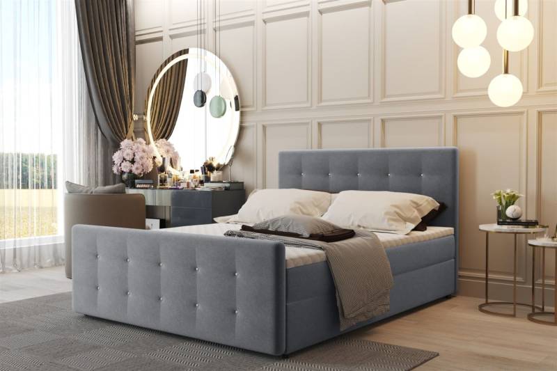 Boxspringbett Schlafzimmerbett CARLOS 180x220cm Stoff Soro Grau inkl.Bettkasten von Fun Moebel