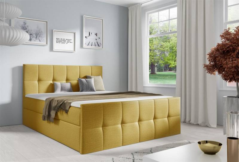 Boxspringbett Schlafzimmerbett CARMEN LUX 180x200cm Stoff Fancy Gelb von Fun Moebel