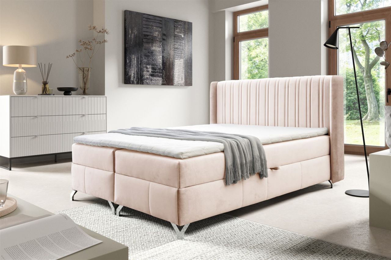 Boxspringbett Schlafzimmerbett DAMIEN 140x200cm Stoff Salvador Creme von Fun Möbel