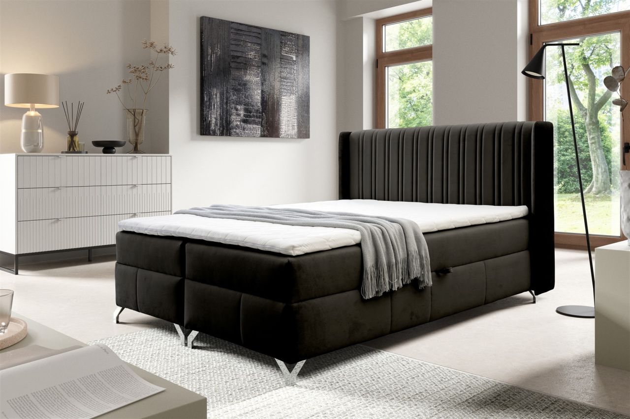 Boxspringbett Schlafzimmerbett DAMIEN 180x200cm Stoff Salvador Schwarz von Fun Möbel